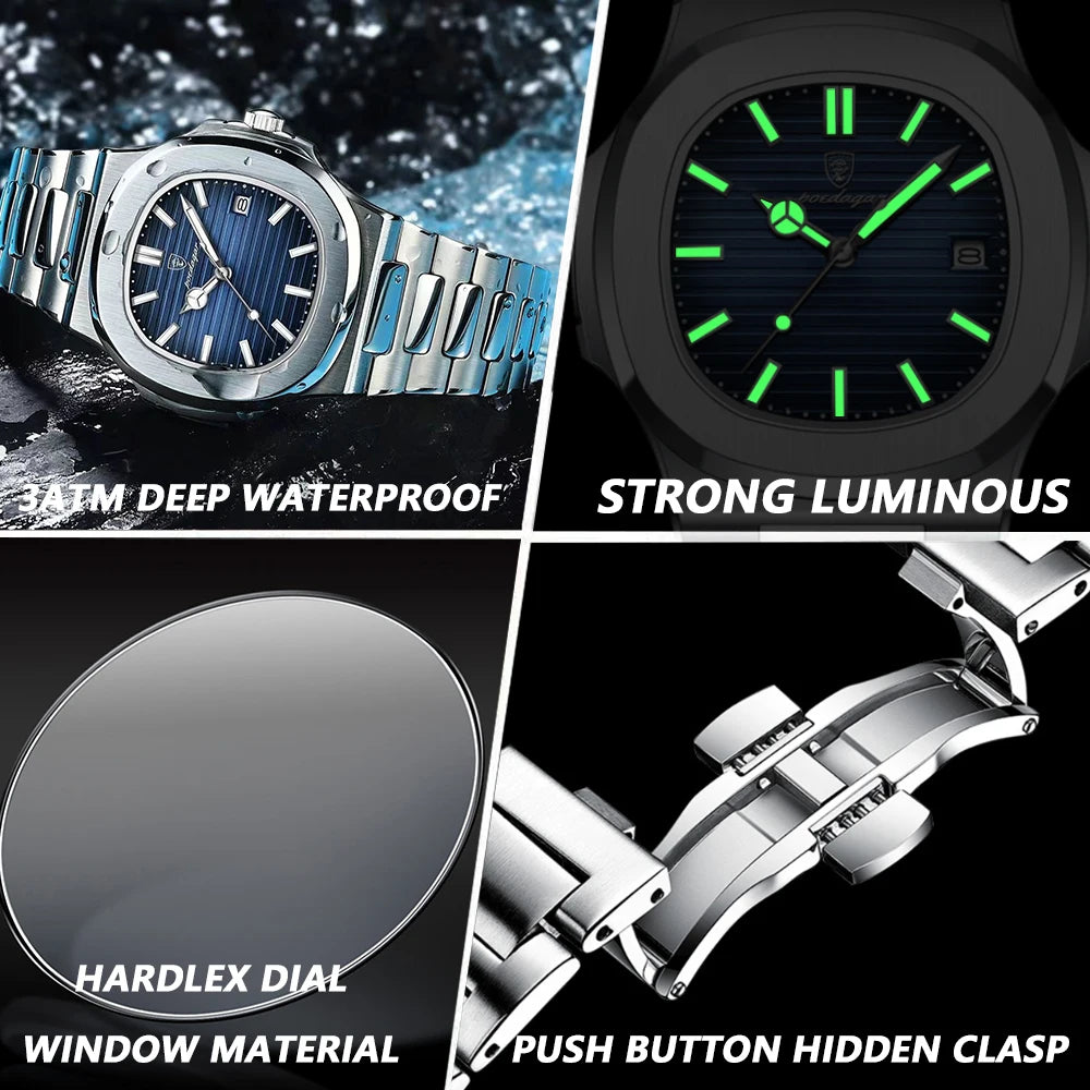 POEDAGAR Square Luxury Men Wristwatch Waterproof Luminous Date Stainless Steel Male Clock Business Sports Quartz Watches For 