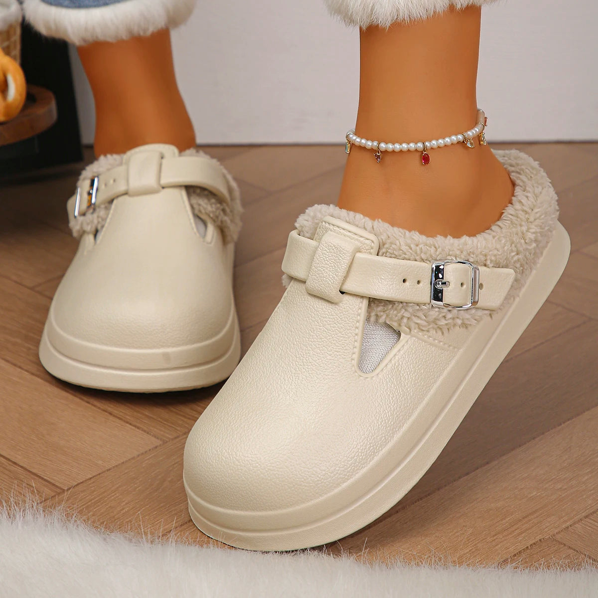 Waterproof Eva Furry Mules Slippers Women 2025 Winter Metal Buckle Warm Plush Slippers Soft Thick Bottom Non Slip Indoor Slid