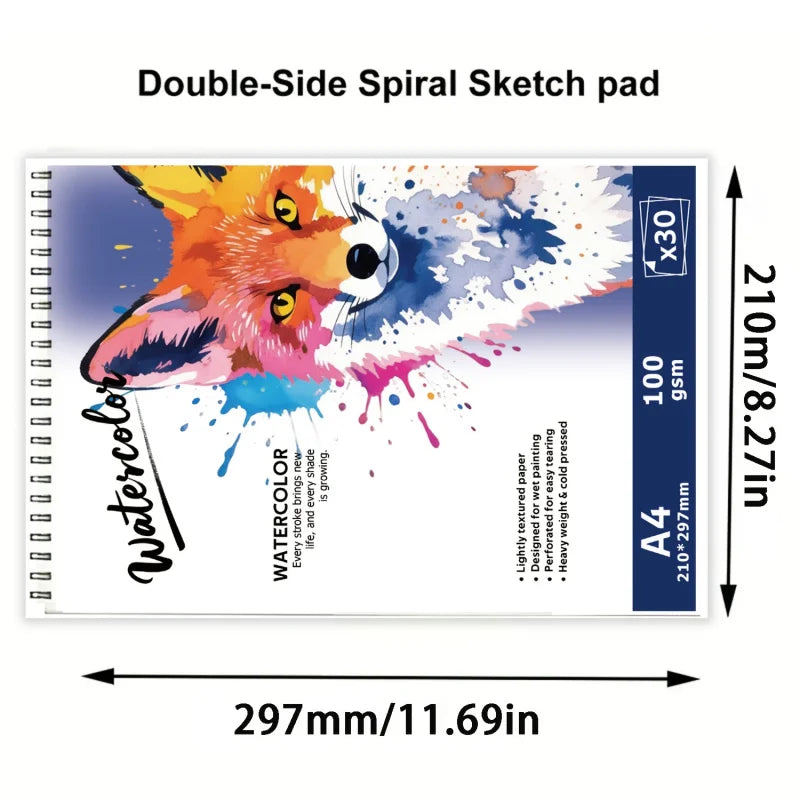 A4 /A5Spiral-Bound Watercolor Pad, 30 Pages, 100gsm Rough Paper, Wolf-Patterned Cover, Acid-Free for Artists & Hobbyists
