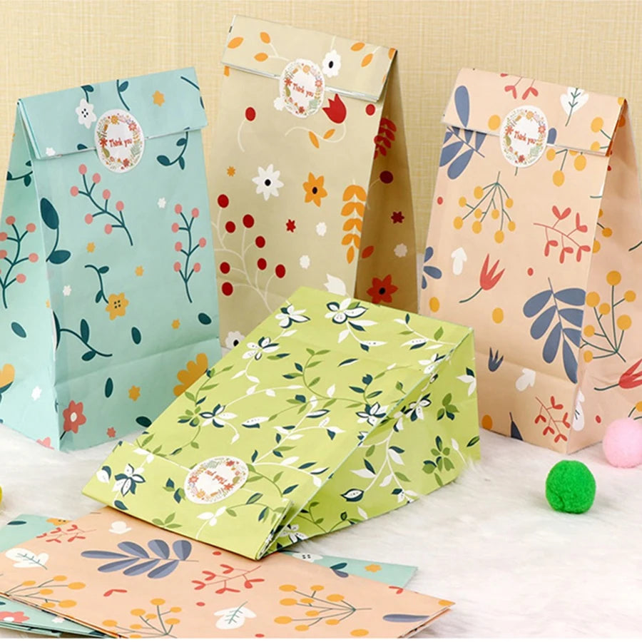 12/24PCS Plant Pattern Gift Paper Bags for Candy Cookie Bakery Kraft Paper Packaging Bags with Stickers - mixed color-12pcs