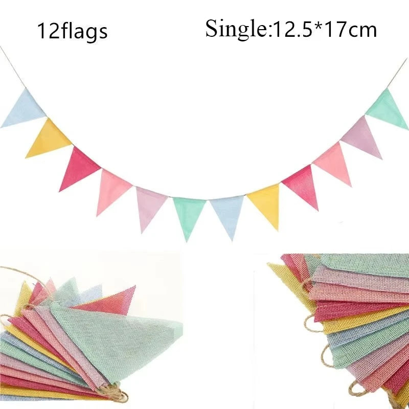 Multicolor Triangles Flags Burlap Linen Banner Pennant for Happy Birthday Party Wedding Decoration Candy Bar Hanging Flags