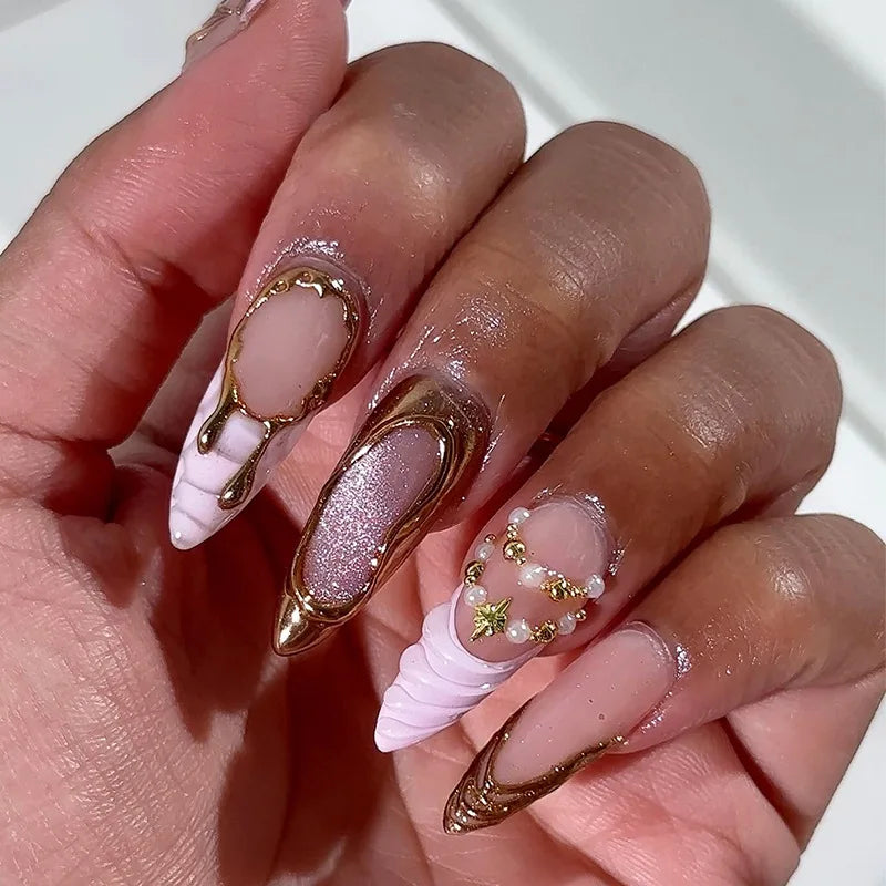 24pcs Long Almond Press on Nails False Nails with Golden Decoration Wearable Stick-on Nails Fake Nail Uñas Накладные Ногти 네일