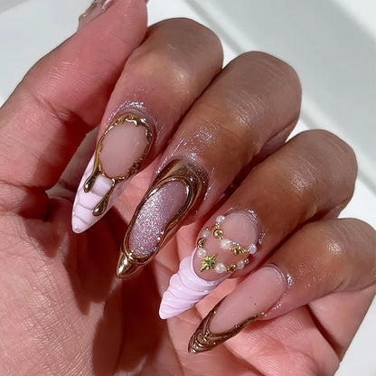 24pcs Long Almond Press on Nails False Nails with Golden Decoration Wearable Stick-on Nails Fake Nail Uñas Накладные Ногти 네일
