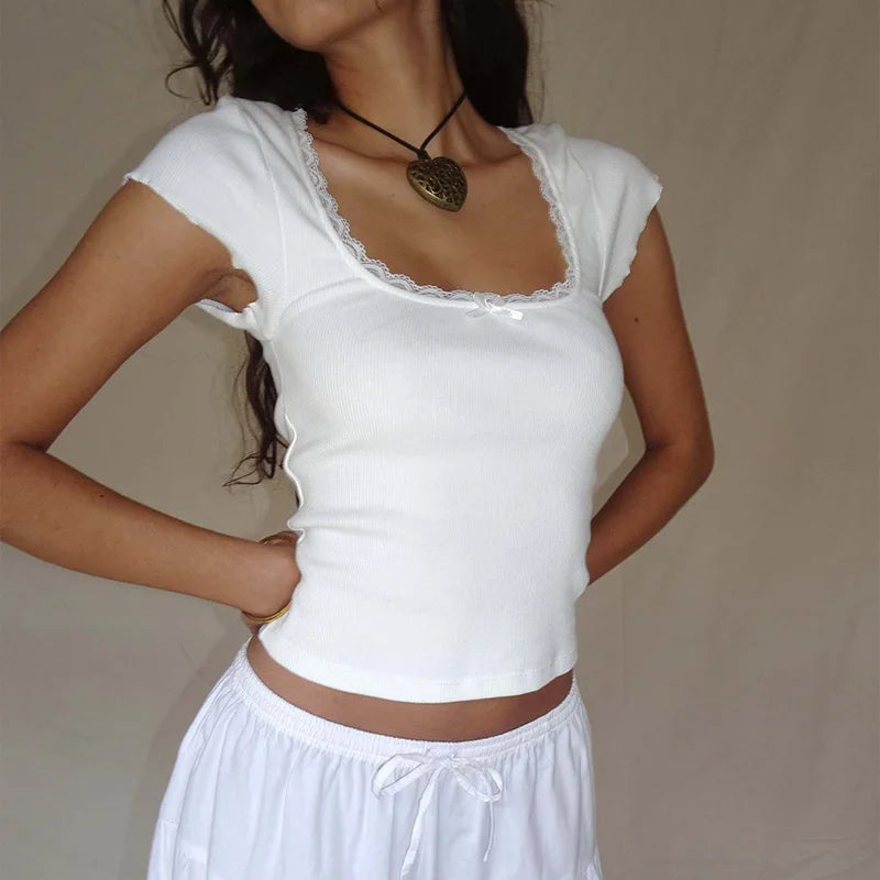 y2k Vintage Baby Tee Cottage Lace Trim Knitted T-Shirt Summer Square Neck Short Sleeve Tee Shirt Women White Milkmaid Crop To