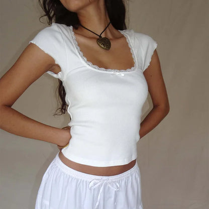 y2k Vintage Baby Tee Cottage Lace Trim Knitted T-Shirt Summer Square Neck Short Sleeve Tee Shirt Women White Milkmaid Crop To