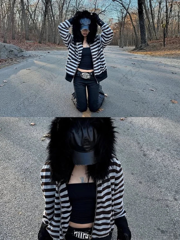 Goth Aesthetic Women Hoodie Harajuku Retro Y2K Emo Girl Fur Collar Cardigan Sweatshirt Rock Punk Hip Hop Casual Loose Streetw