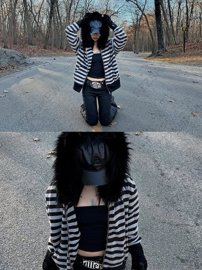 Goth Aesthetic Women Hoodie Harajuku Retro Y2K Emo Girl Fur Collar Cardigan Sweatshirt Rock Punk Hip Hop Casual Loose Streetw