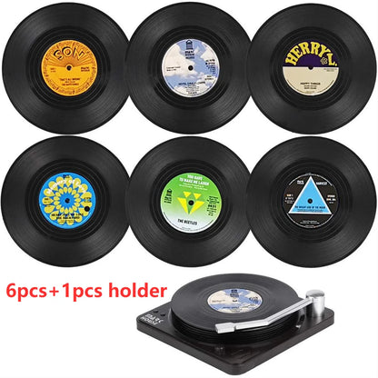 Set of 6 Vinyl Coasters for Drinks Music Coasters with Vinyl Record Player Holder Retro Record Disk Coaster Mug Pad Mat Creat
