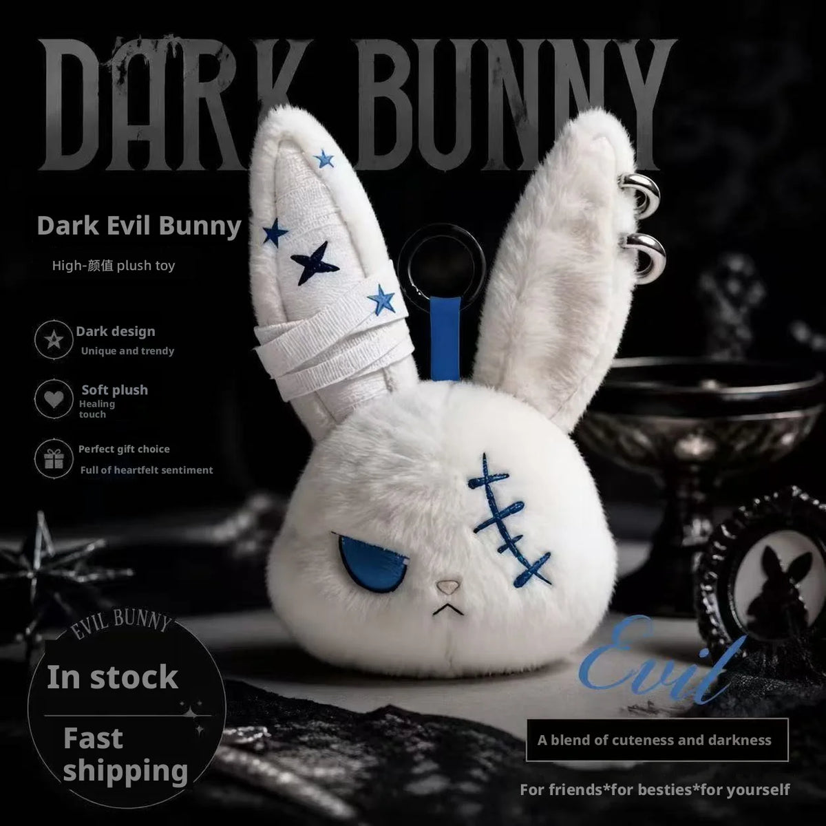Hot Gothic Bunny Plush Keychain RabbitBag Charm with Bandage Desian Kawaii Key Ring Pendant Car Bag Ornament Gift To