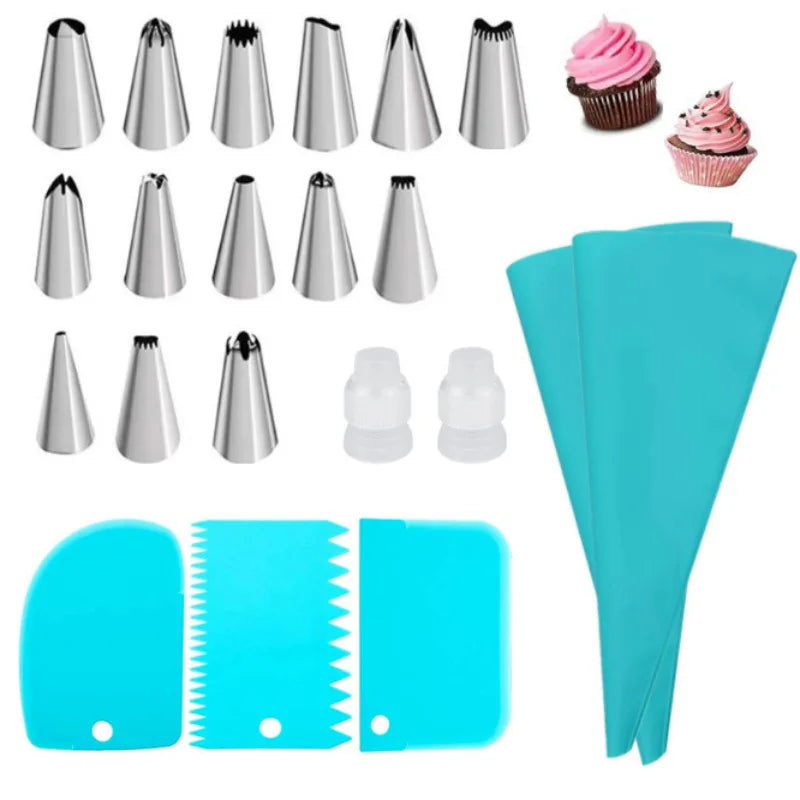 Silicone Piping Bags and Tips Set Cake DIY Decorating Kit with Stainless Steel Nozzle Reusable Silicone Pastry Baking tool - 