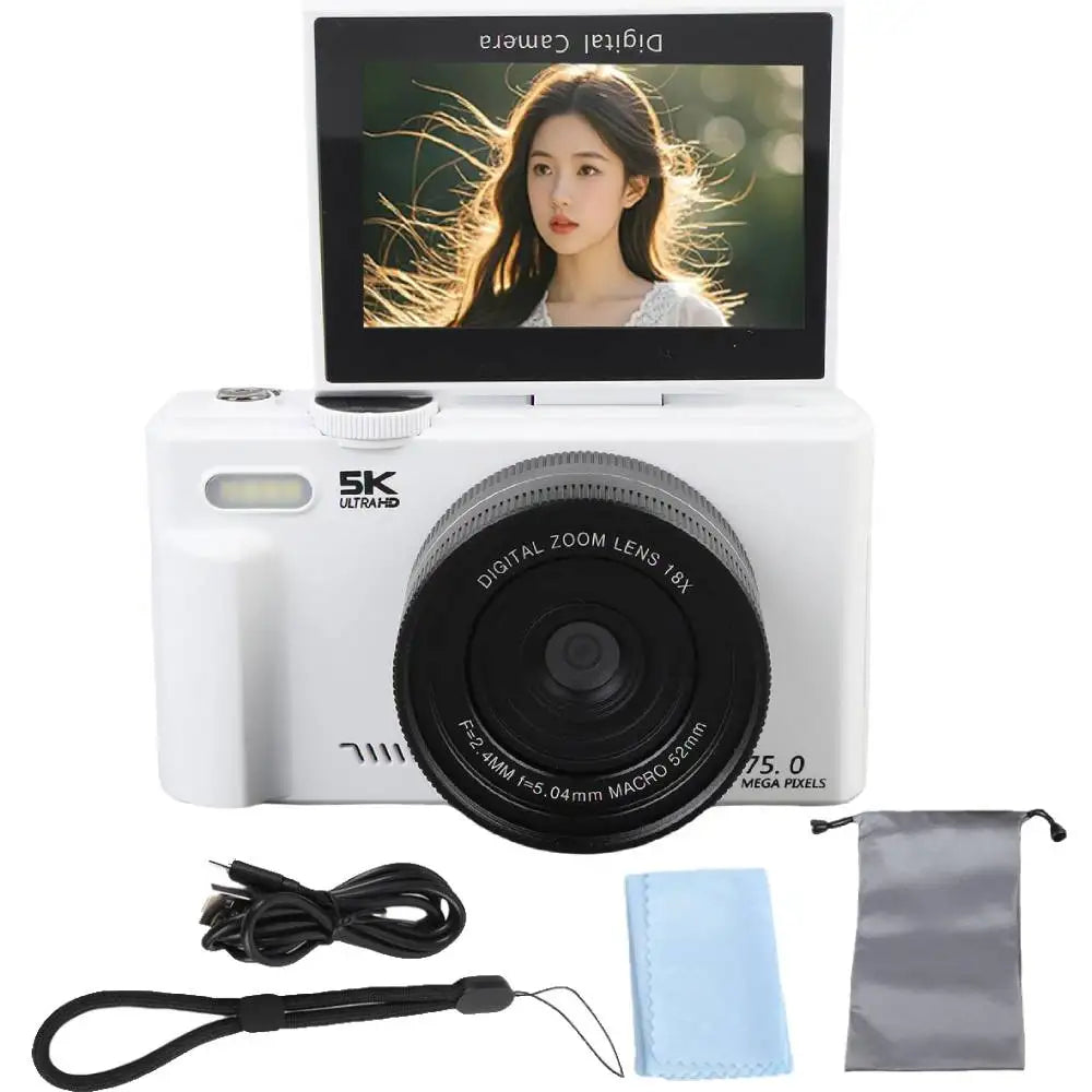 75MP Digital Camera for Photography 5K 18X Digital Zoom Vintage Vlog Video Recorder For YouTube 180° Flip Screen Selfile WiFi
