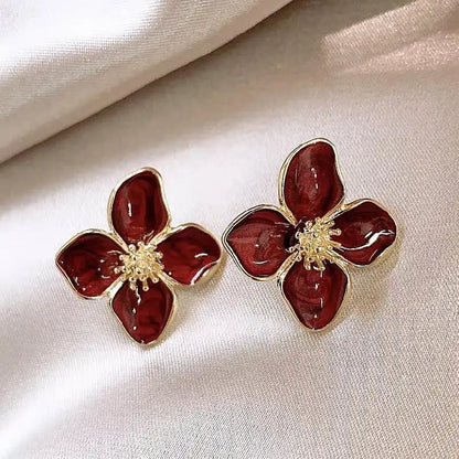 Fashion Korean Women Retro Drip Glaze Red Flower Earrings Women for Delicate Earrings Luxury Couple Engagement Jewelry Gift -