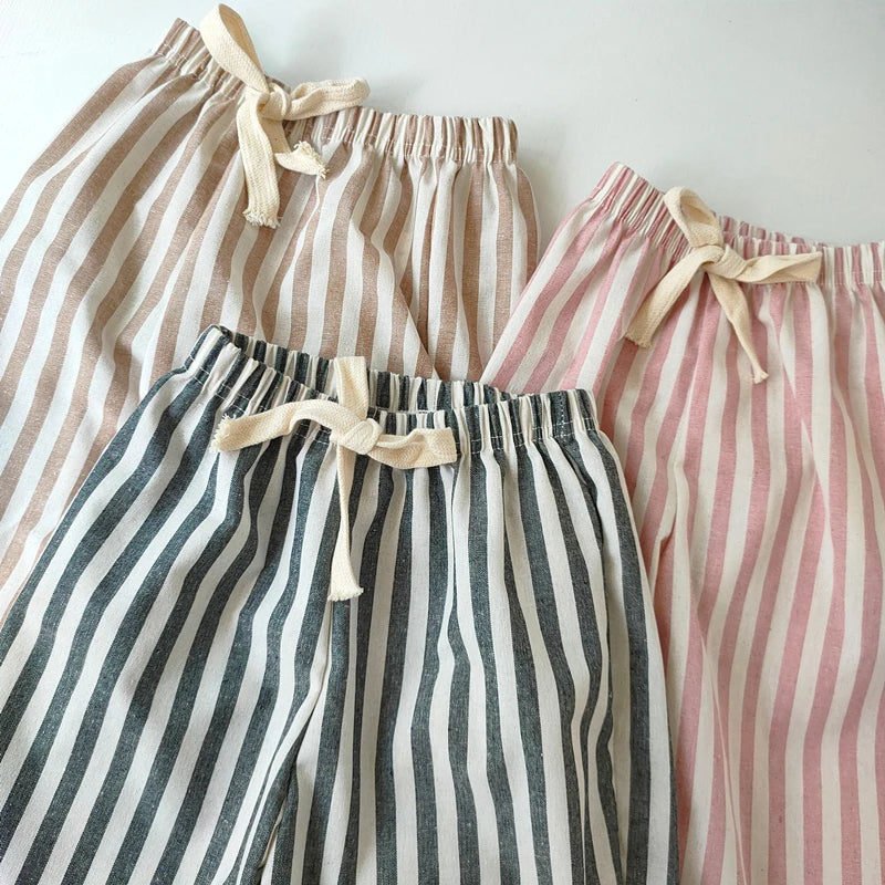 Children's Clothing Vintage Linen Cotton Stripe Pants Baby Boy Girl Casual Shorts Spring Summer Girls Loose Trousers and Shor