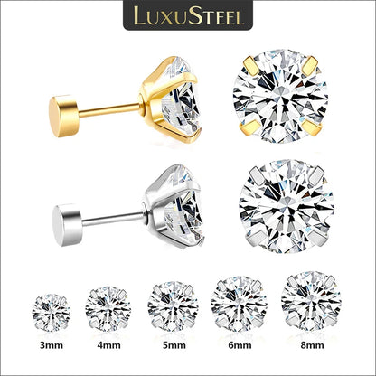 LUXUSTEEL 1Pairs/2Pcs Stainless Steel Crystal Studs Earrings For Women Men 4 Prong Tragus Round Clear Cubic Zirconia Ear Jewe