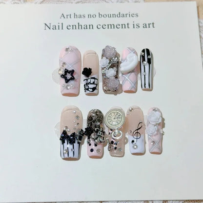 Musical Notes Retro Vintage Gyaru French Handmade Press On Nails 3D Rose Bow Pearl Pink Fake Nails Y2K Cute Long Coffin Nail 