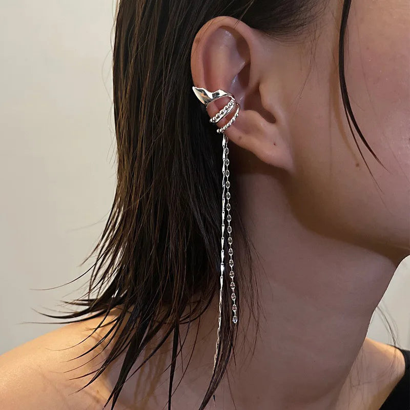 Silver Color Crystal Tassel Non-Piercing Cuff Ear Clip Earring For Women Shiny Rhinestone Chain Fake Cartilage Piercing Jewel