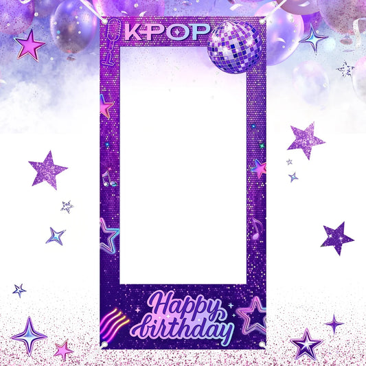 1pc Purple K-POP Photo Frame Backdrop Happy Birthday Pattern Polyester Photo Booth Props for K-POP Theme Birthday Party Suppl