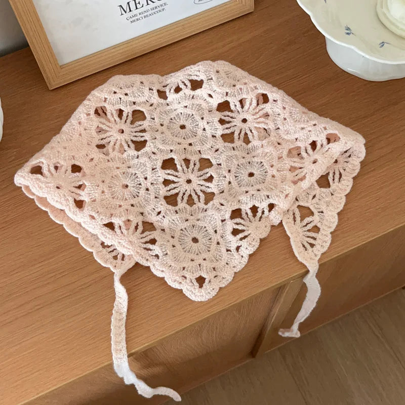 Fashion Knitted Headscarf Women French Pastoral Style Triangle Headband Handmade Crochet Headband Towel Retro Flower Headscar