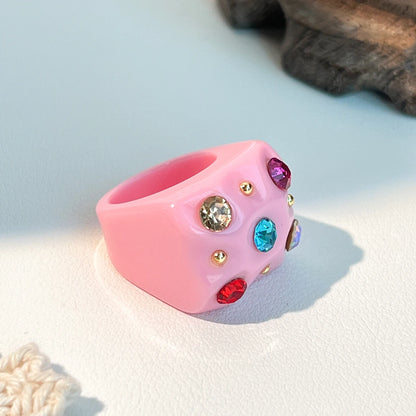 2022 New Sweet Multicolor Resin Oil Drip Ring for Women Geometric Oval Flowers Beads Rhinestones Ring Cute Jewelry HangZhi
