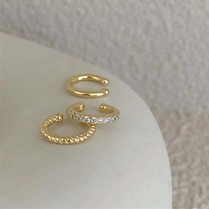 3Pcs/Set Fashion Gold Color Crystal Clip Earrings for Women Girls Minimalist Metal C-shaped Fake Piercing Ear Cuff Ear Jewelr