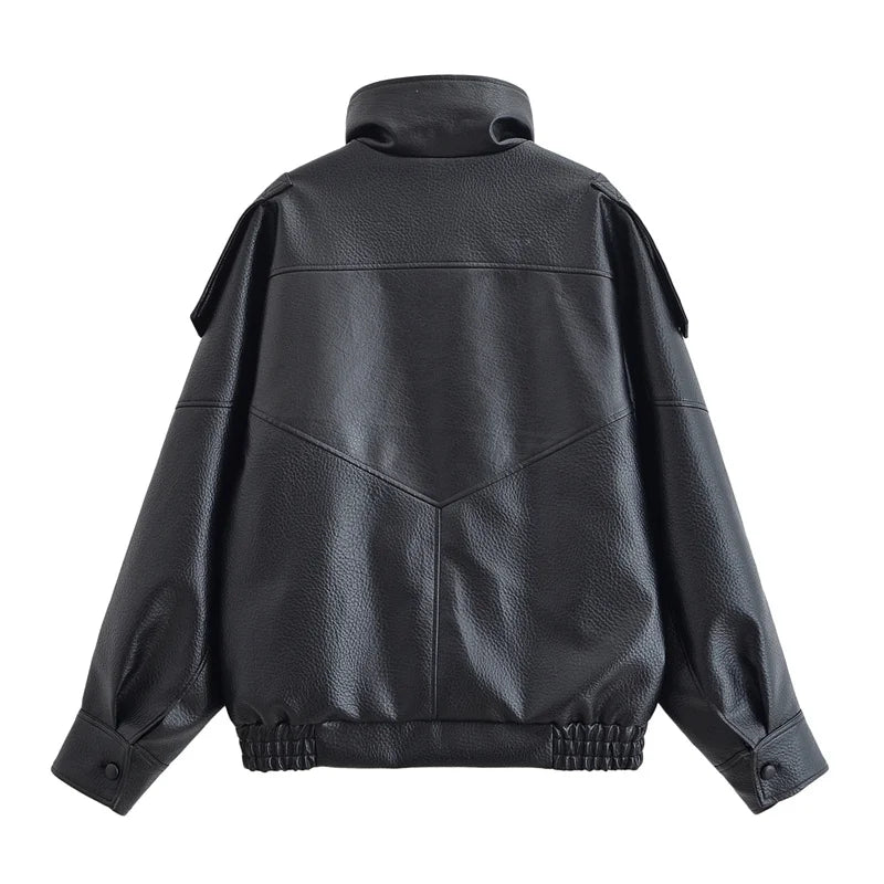 Women's Jacket 2026 Autunm New Black Long Sleeve Pebble Faux Leather Jacket Motorcycle Style Personality Fashion