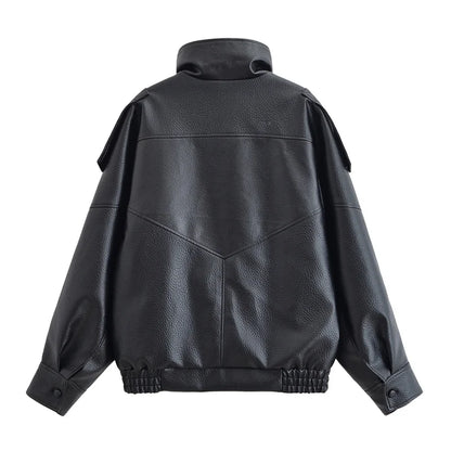 Women's Jacket 2026 Autunm New Black Long Sleeve Pebble Faux Leather Jacket Motorcycle Style Personality Fashion