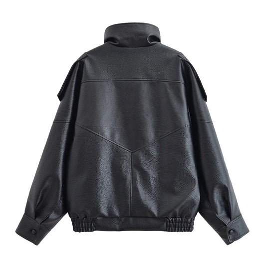 Women's Jacket 2026 Autunm New Black Long Sleeve Pebble Faux Leather Jacket Motorcycle Style Personality Fashion