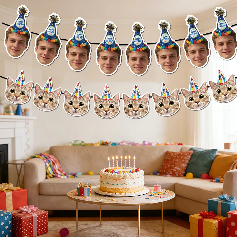 Custom Birthday Photo Banner Personalized Birthday Hat Pattern Bunting Banner for Happy Birthday Party Favors Birthday Banner