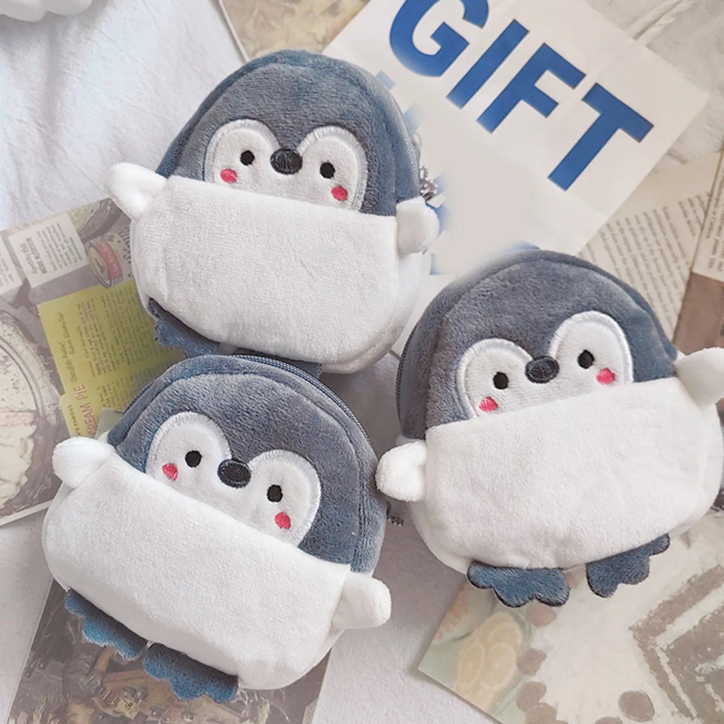 Women's Coin Purse Mini Pouch Cute Plush Little Penguin Zipper Change Purse for Keychain Lipsticks Money