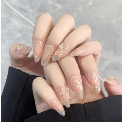 10pcs Handmade Almond Shaped Nail Art Pieces, Inlaid With Golden Flower Strips Detachable and Reusable