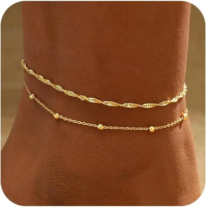2 PCS 4K Gold Plated Anklets for Women Waterproof Twists Link Anklet Beaded Bracelets Stackable Bracelets Summer Jewelry Gift