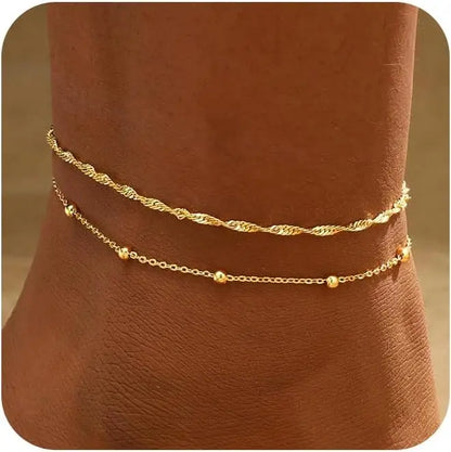 2 PCS 4K Gold Plated Anklets for Women Waterproof Twists Link Anklet Beaded Bracelets Stackable Bracelets Summer Jewelry Gift