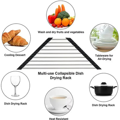 Roll Up Triangle Dish Drying Rack Kitchen Sink Organizer Corner Over the Sink Sponge Rag Holder Foldable Stainless Steel Drai