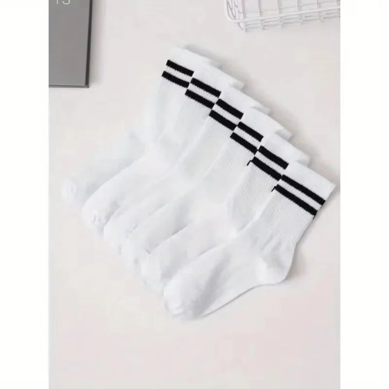5 Pairs Of Men's Socks, Autumn And Winter Vintage Fun Fashion Athletic Socks, Sports Trend Socks - 6 pairs White