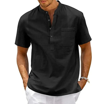 Cotton Linen Shirt Men Henley Neck Pocket Casual Beach Short Sleeve Solid Color Male Tops T-shirts Vintage Streetwear - black
