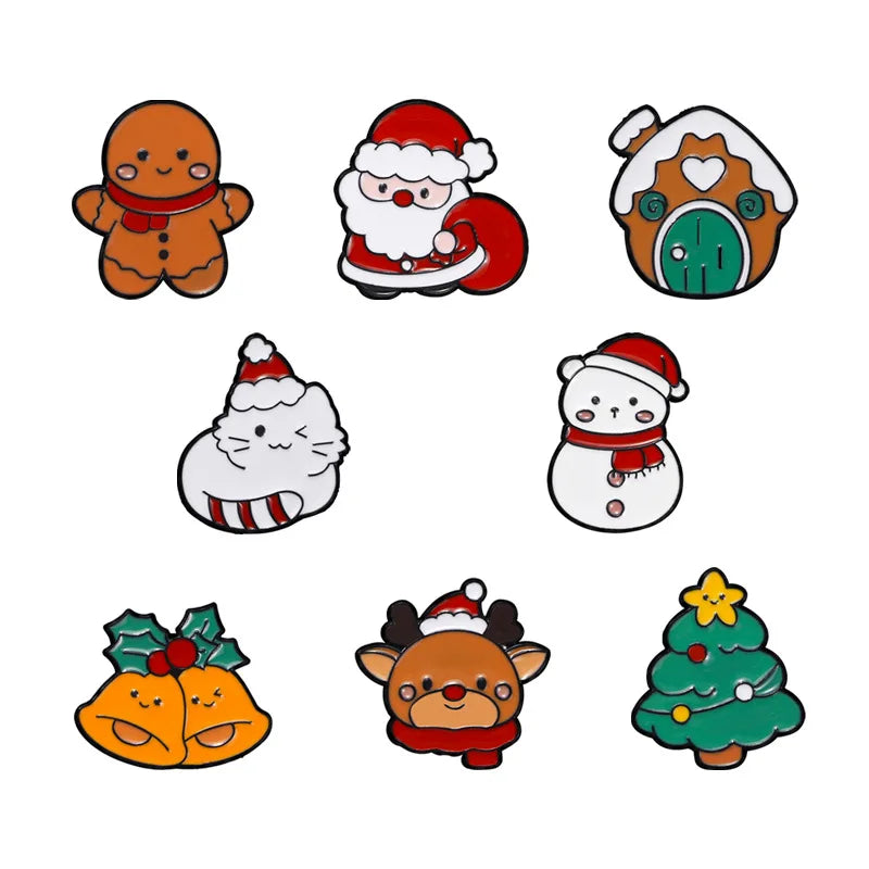 8pcs Cute Cartoon Christmas Day Enamel Brooch Creative Santa Claus Snowman Tree Lapel Pin Badge Backpack Clothing Accessories