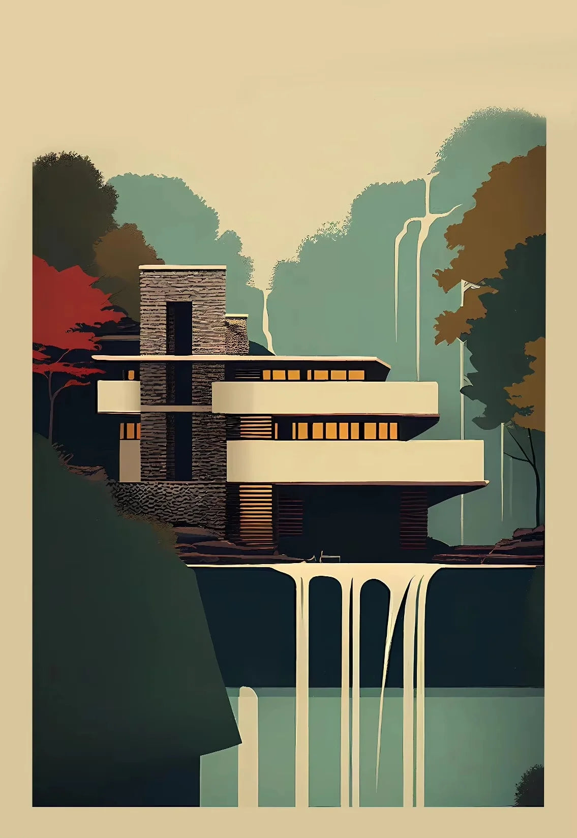 Classic Architecture Abstract Poster Prints Minimalist Fallingwater House Bauhaus Canvas Painting Wall Art Pictures Home Deco