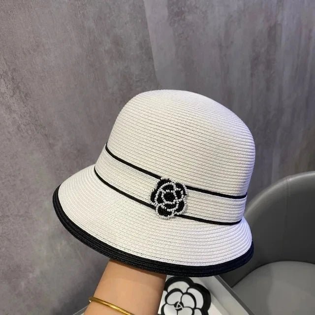 Boater Straw Hat wide brim French elegant square ribbon women's sun hat holiday straw hat 모자 햇빛 가리개 - 18
