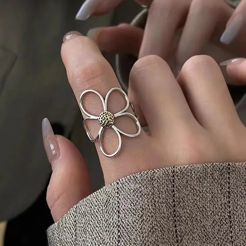 VENTFILLE 925 Sterling Silver Rings INS Fashion Hip Hop Vintage Couples Hollow Lines Punk Thai Silver Party Adjustable Jewelr
