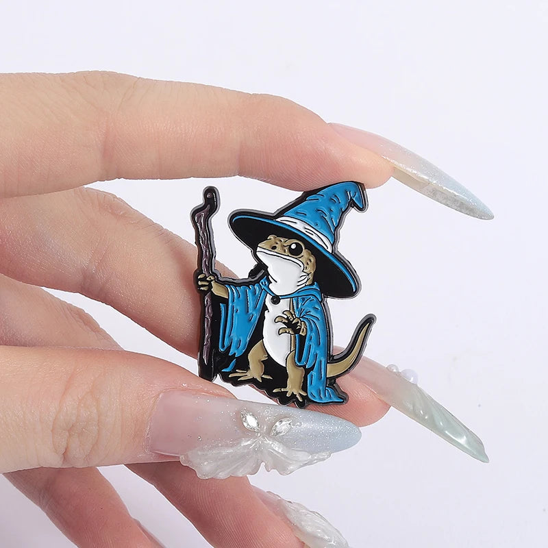 Lizard Wizard Enamel Pins Punk Gothic Blue Animal Metal Brooches Decorate Backpack Clothes Lapel Badge Funny Jewelry Gifts