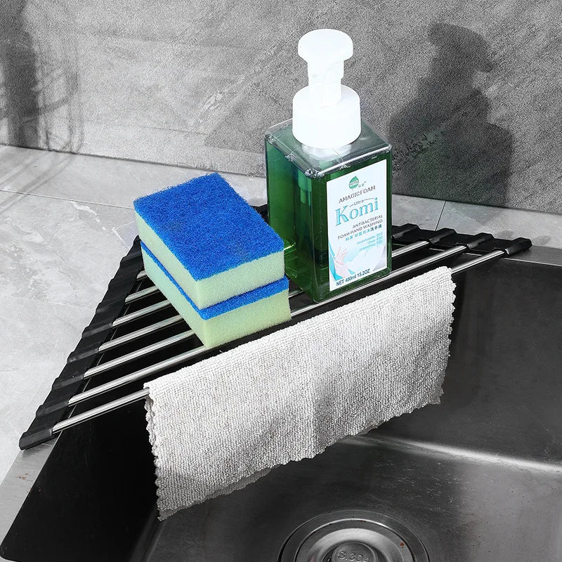 Roll Up Triangle Dish Drying Rack Kitchen Sink Organizer Corner Over the Sink Sponge Rag Holder Foldable Stainless Steel Drai