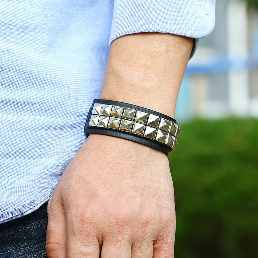 Black Leather Goth Square Washer Rivet Bracelet Cuff Wristband Gothic Punk Bracelets For Armbands Men Women