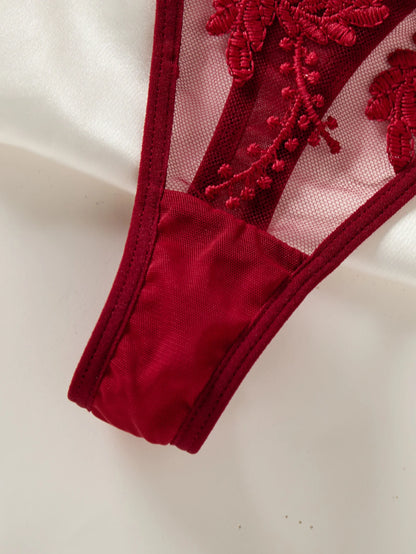 Wine Red Ladies' countryside style wheat ear embroidery semi transparent nightgown, elegant and comfortable, bow design ZA825