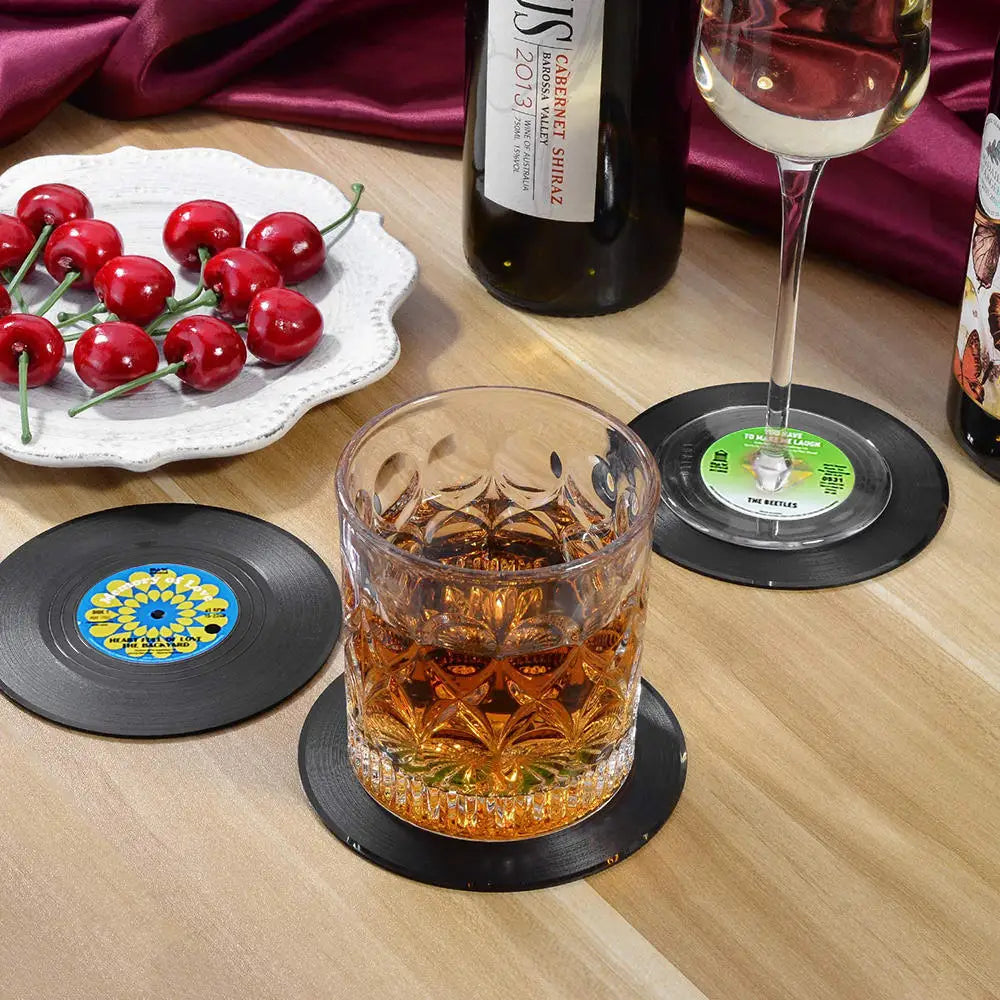 Set of 6 Vinyl Coasters for Drinks Music Coasters with Vinyl Record Player Holder Retro Record Disk Coaster Mug Pad Mat Creat