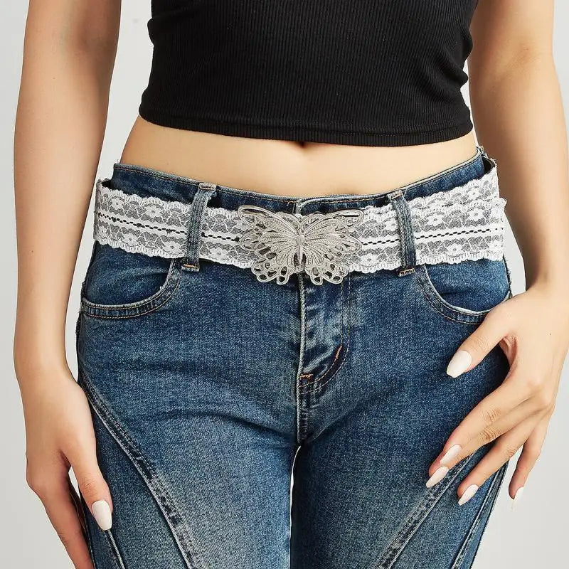 Beautiful White Floral Lace Waist Belt; Adjustable All-match Fashion Accent for Women; Casual Waist Strap Decor Accessory Gif