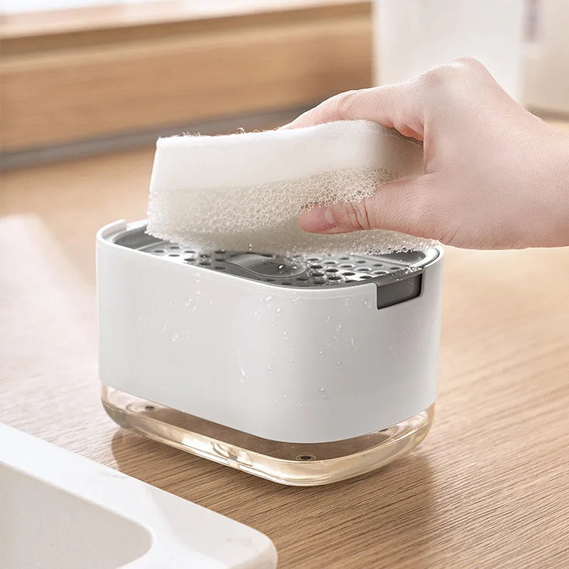 Soap Dispenser Box Press Dispenser Scrubbing Liquid Container Kitchen Bathroom Automatic Detergent Foam Box with Sponge Holde
