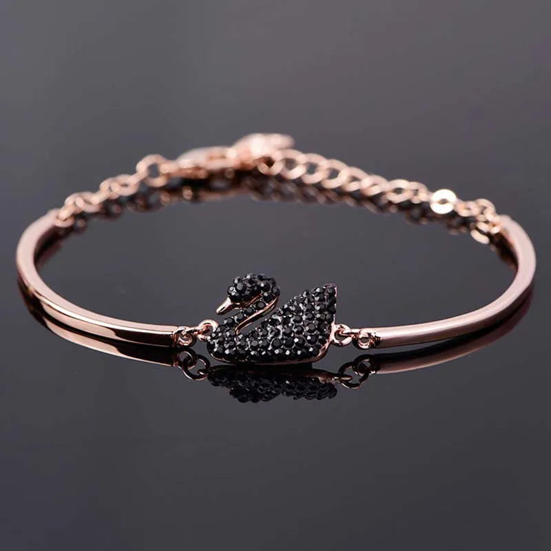 Luxury Zircon Charm Bracelet Jewelry Accessories for Women's Party Gifts Fashion Gold Rose Gold Swan Bangle - Rose Gold Black