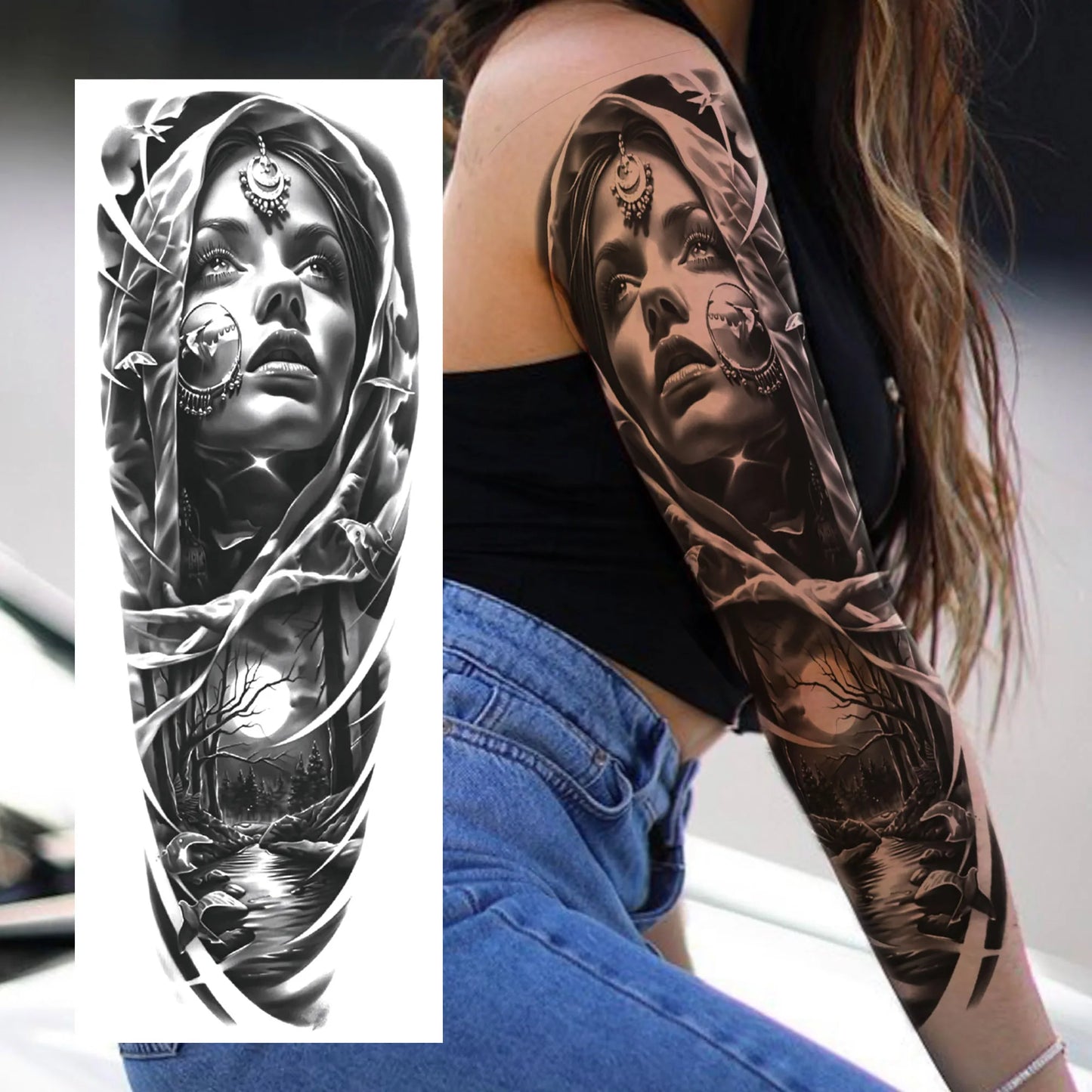 1 Sheets Wolf Lion Tiger Maori Temporary Tattoos For Men Women Adults Full Sleeve Arm Flower Rose Skull Tattoo Sticker Decor 