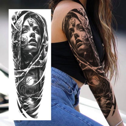 1 Sheets Wolf Lion Tiger Maori Temporary Tattoos For Men Women Adults Full Sleeve Arm Flower Rose Skull Tattoo Sticker Decor 