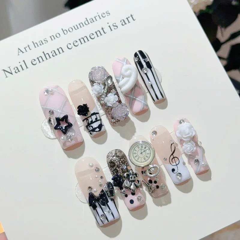 Musical Notes Retro Vintage Gyaru French Handmade Press On Nails 3D Rose Bow Pearl Pink Fake Nails Y2K Cute Long Coffin Nail 